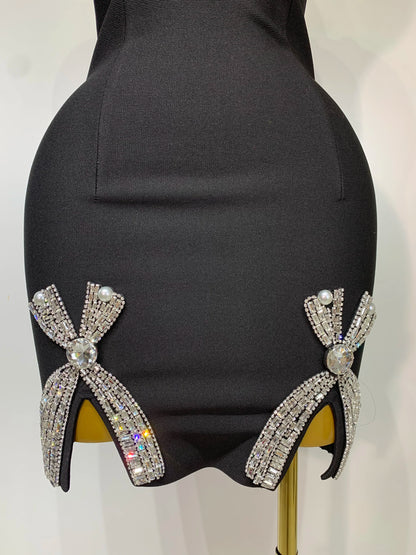 Women Celebrity Sexy V Neck Beading Black Mini Bodycon Bandage Dress