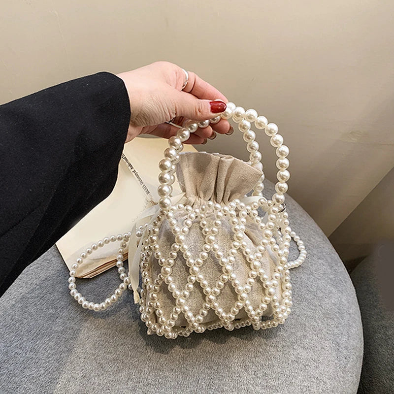 Luxury Pearl Women Bucket Tote Bag Woven Pearl Crossbody Bags for Women Small Wallet