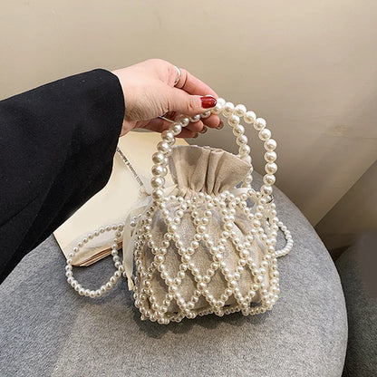 Luxury Pearl Women Bucket Tote Bag Woven Pearl Crossbody Bags for Women Small Wallet