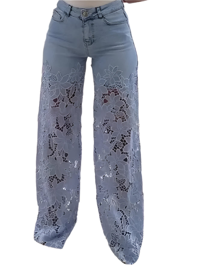 Urban Crochet Denim Women Pants Hollow Out Zippers Pocket Button Female Trousers