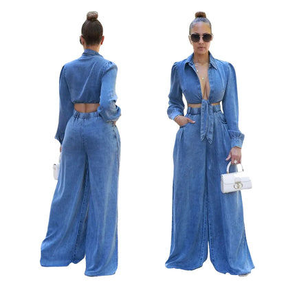 Denim Crop Top Tie Knot Shirt Cardigan + Wide Leg Loose Outfit Pants