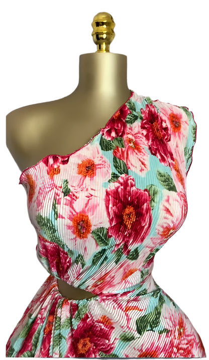 Women Floral Printed One Shoulder Skew Neck Cutout Waist Pleated Maxi Long Dress Birthday Outfit