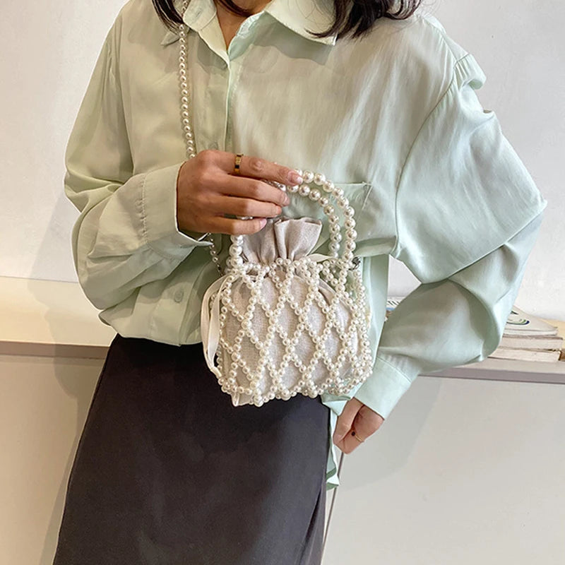 Luxury Pearl Women Bucket Tote Bag Woven Pearl Crossbody Bags for Women Small Wallet