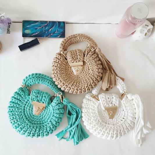 Bohemian Women's Hook Knit Bag Round Fringed Small Crossbody Bag Soft Material
