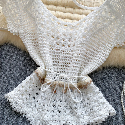 Bohemian Tassel Knit Tops Women Lace Up V Neck Elastic Summer Blouse Vacation Blouse