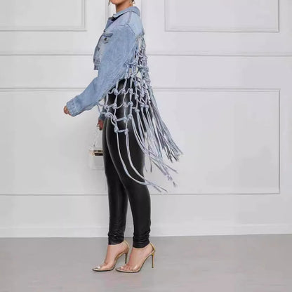 Women Denim Jacket Back Grid Fringe Personalized Jacket Coat