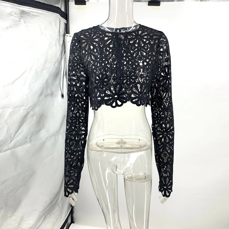 Summer Vacation See Through Crochet Top Women Set Hallow Out Flare Long Sleeve Skirts Set