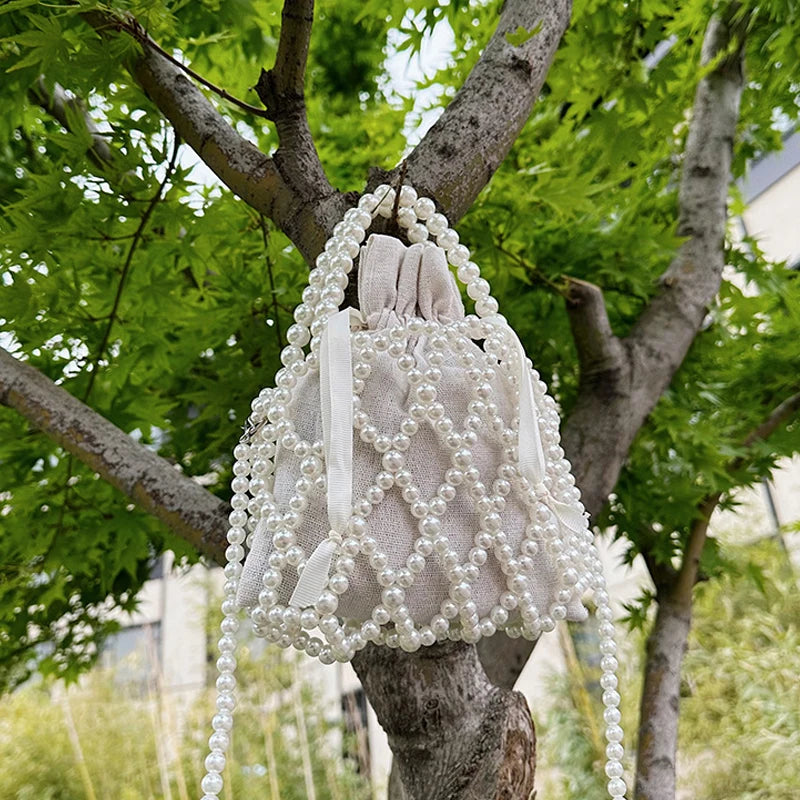 Luxury Pearl Women Bucket Tote Bag Woven Pearl Crossbody Bags for Women Small Wallet