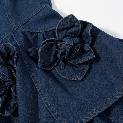 3D Flower Double Layer Denim Mini Dress Waist Sinching Mini Dress