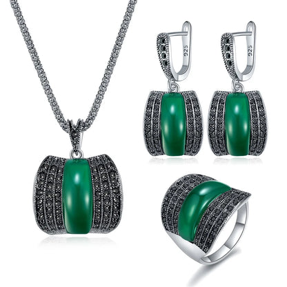 Antique Geometric Green Stone Ring Necklace And Earrings Sets for Women