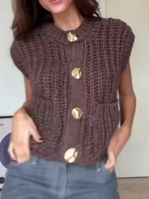 Casual Brown Knit Vest Women Vintage O Neck Single Breasted Pocket Vest Sweater