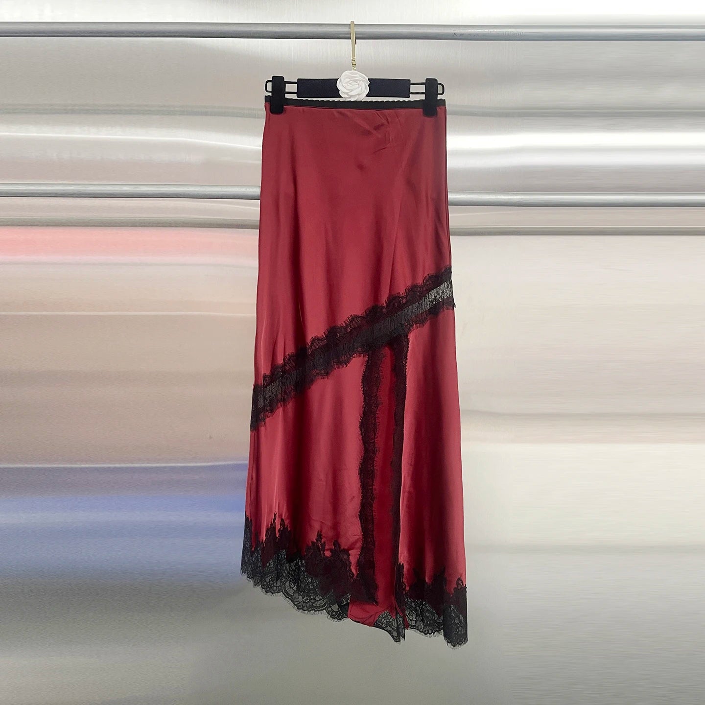 Sexy Asymmetrical Long Skirts Lace Hem Satin Skirt for Women