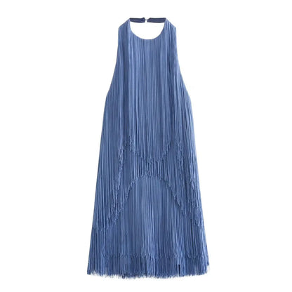Women's Solid Color Hanging Neck Sling Backless Tassel Mini Dress