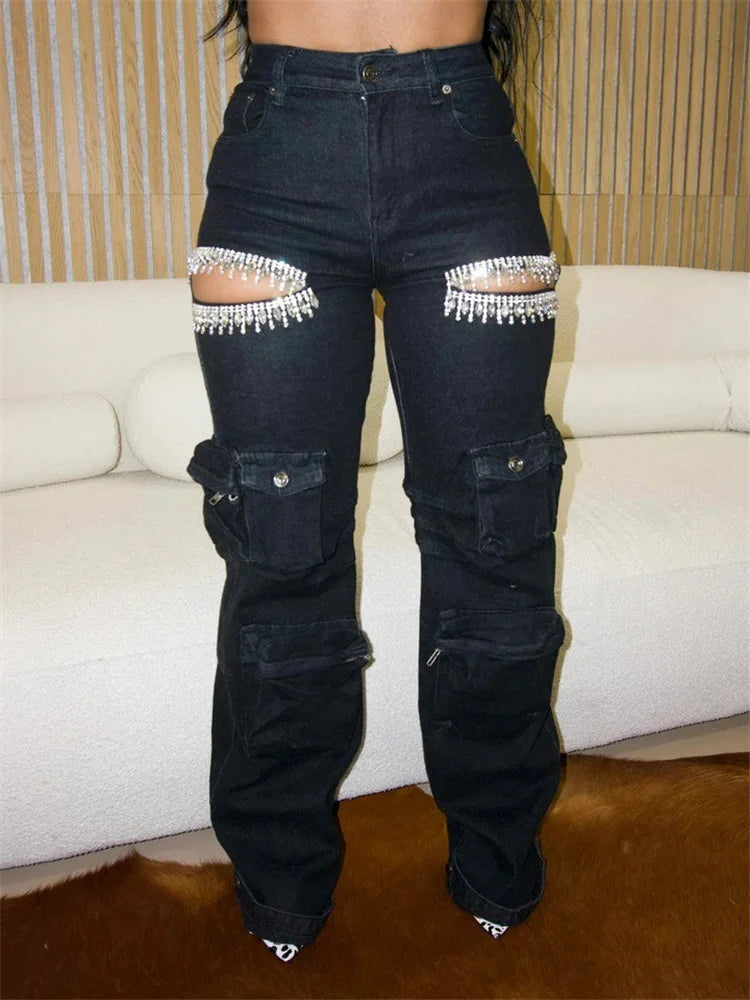 Women Jeans Pants with Tassel Diamond Pieces Mid Waist Straight Leg Denim Multi Pockets Pants