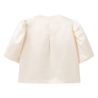 Solid Satin Women's Blouse Top With Pouf Balloon Sleeve O Neck Loose Blouses
