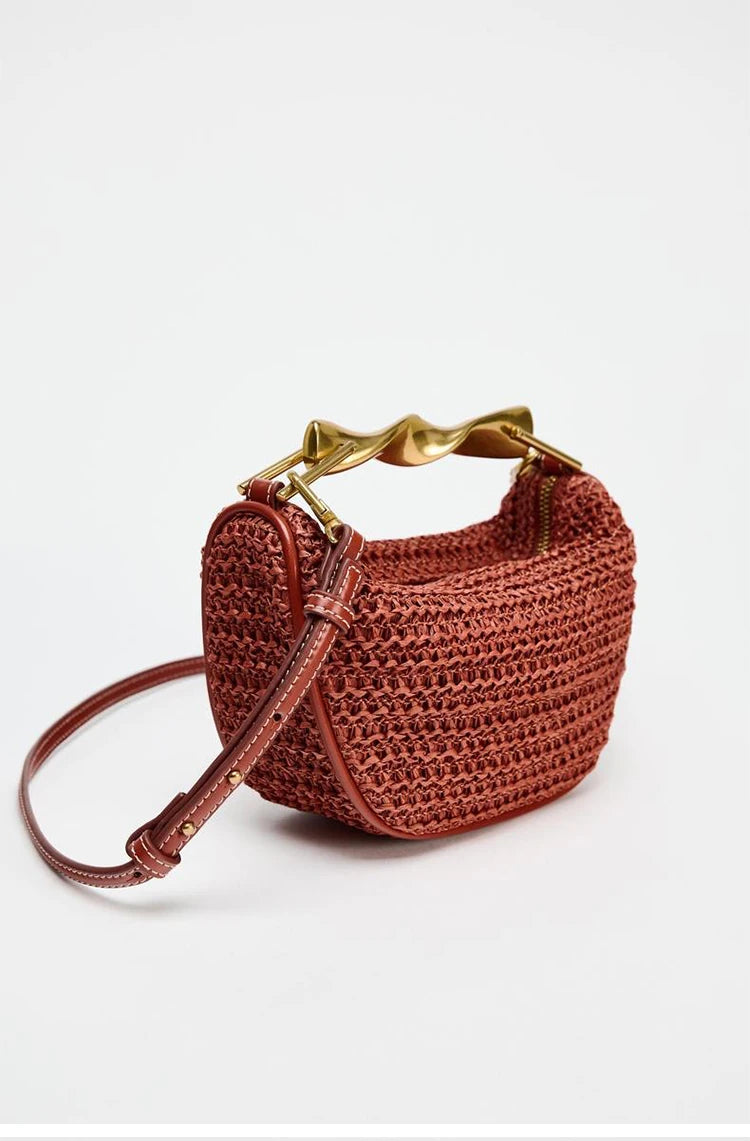 Summer Rattan Half-Moon Beach Straw Shoulder Bags Women's Straw Bucket Bag Purse Woven Straw Handbags Casual Tote Crossbody Bag