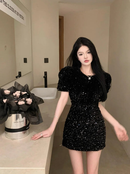 Backless Sequin Short Sleeve Slim Waist Evening Dress for Women