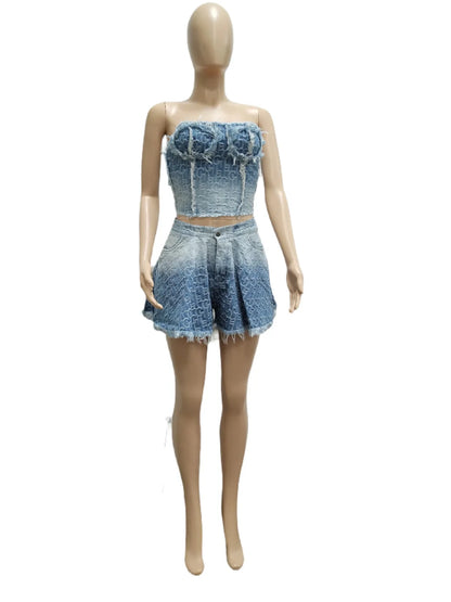Denim Women Skirts Two Piece Sexy Strapless Short Tops Print Ensemble Backless Pockets Hem Skirt Female Streetwear 2 Piece Sets