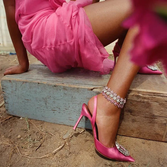 Oval Rhinestone Buckle Toe Sandals Pointed Thin Heel Hollow Banquet High Heels