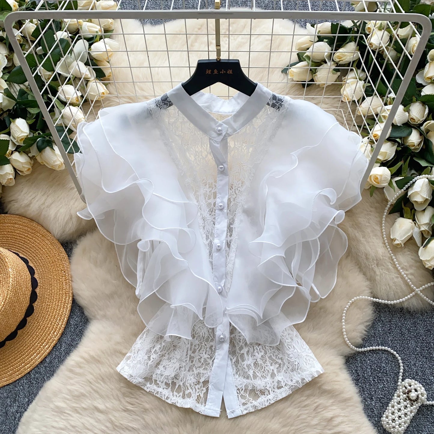 Ruffle Blouses Women French Style Single Breasted Lace Patchwork Shirt Summer Top