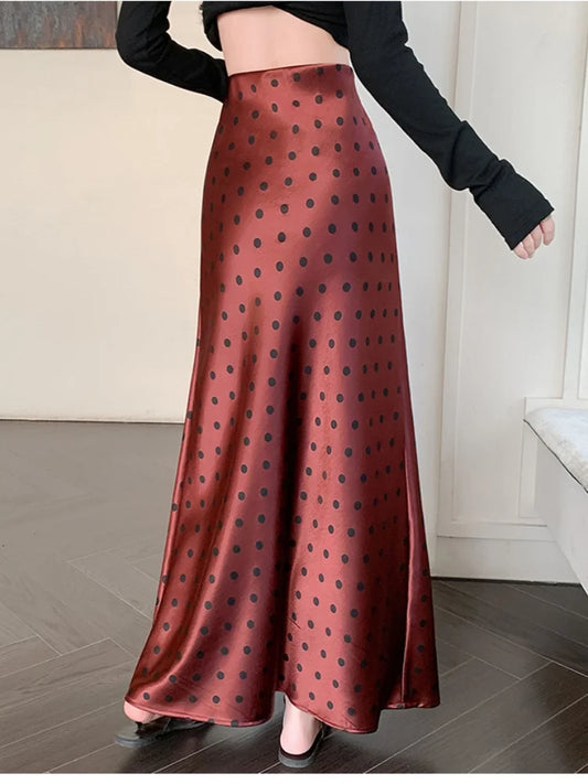 Polka Dot Satin Skirt Women's High Waist Versatile Elegant Dot Long Skirt