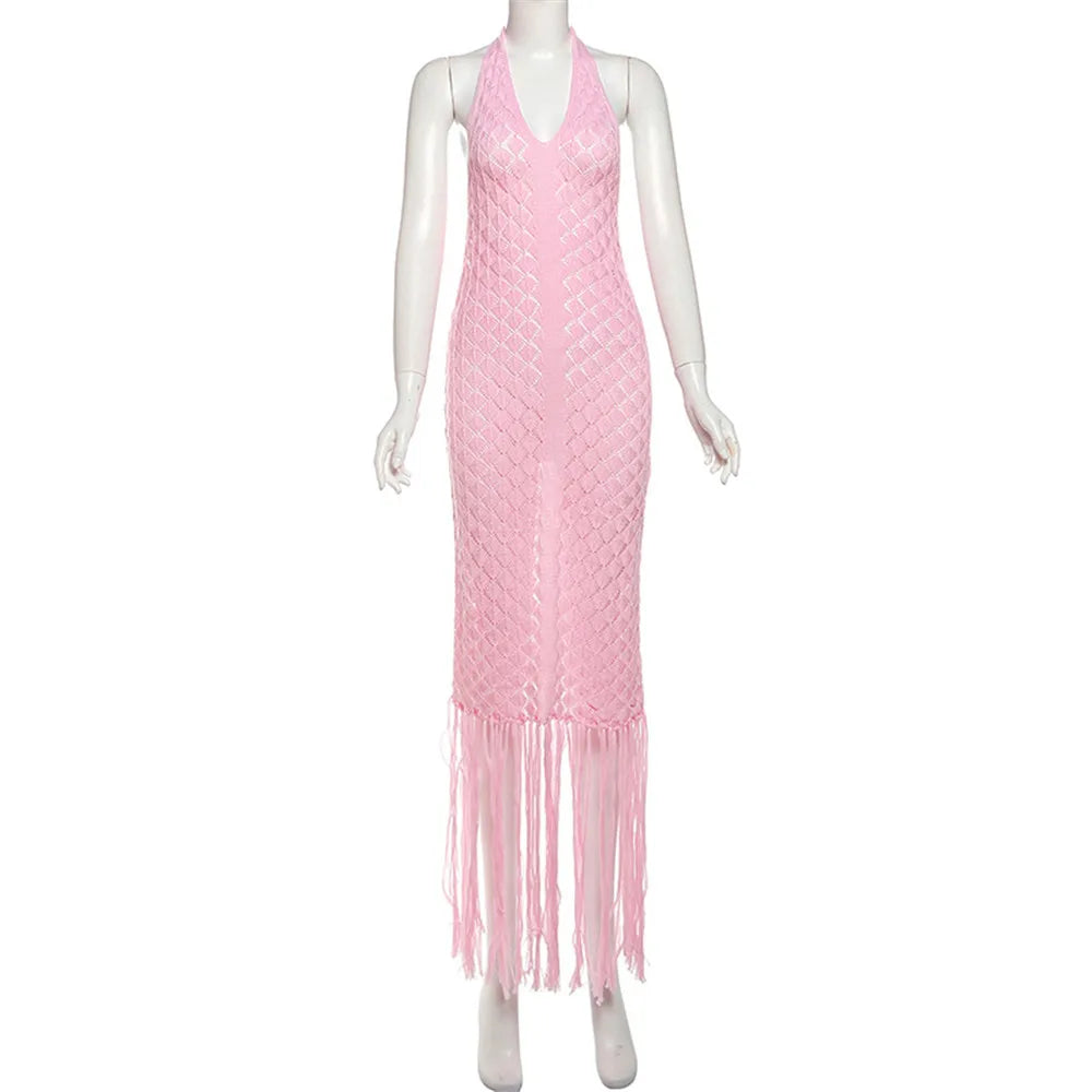 Sexy Deep V Neck Halter Tassel Women Knitted Long Bodycon Dress Maxi Dress