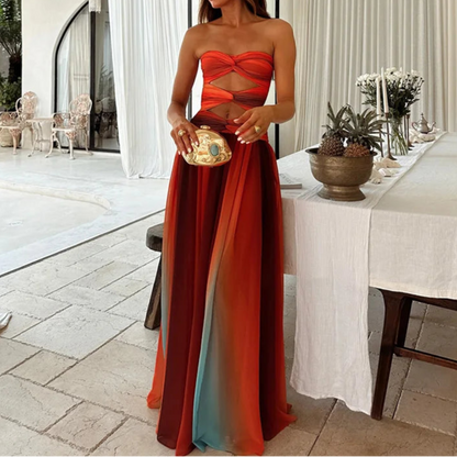 Tie-dye Gradient Hollow Out Women's Maxi Dress Elegant Off Shoulder Long Dresses