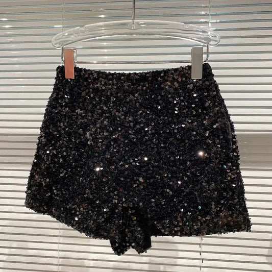 Black Velvet Sequin Shorts Women Sequined Shiny Versatile Short Pants Clubwear Shorts Hot Pants High Street