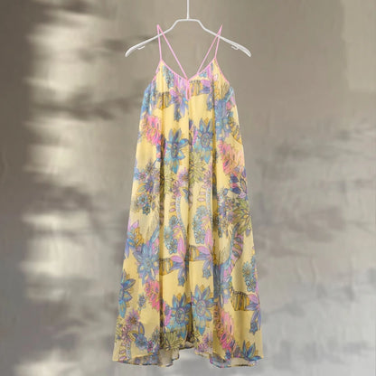 Print Floral Women's Dress Halter V-neck Sleeveless Hollow out Straight Vacation Dress