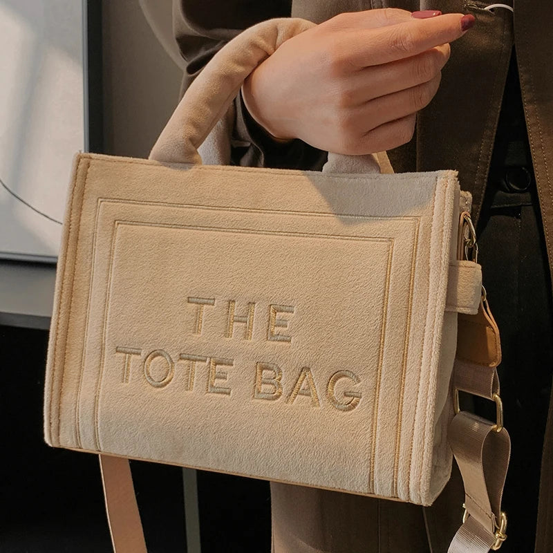 Women's Khaki Velour Tote Bag Original Letter Print Shopper Handbag