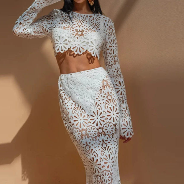 Summer Vacation See Through Crochet Top Women Set Hallow Out Flare Long Sleeve Skirts Set
