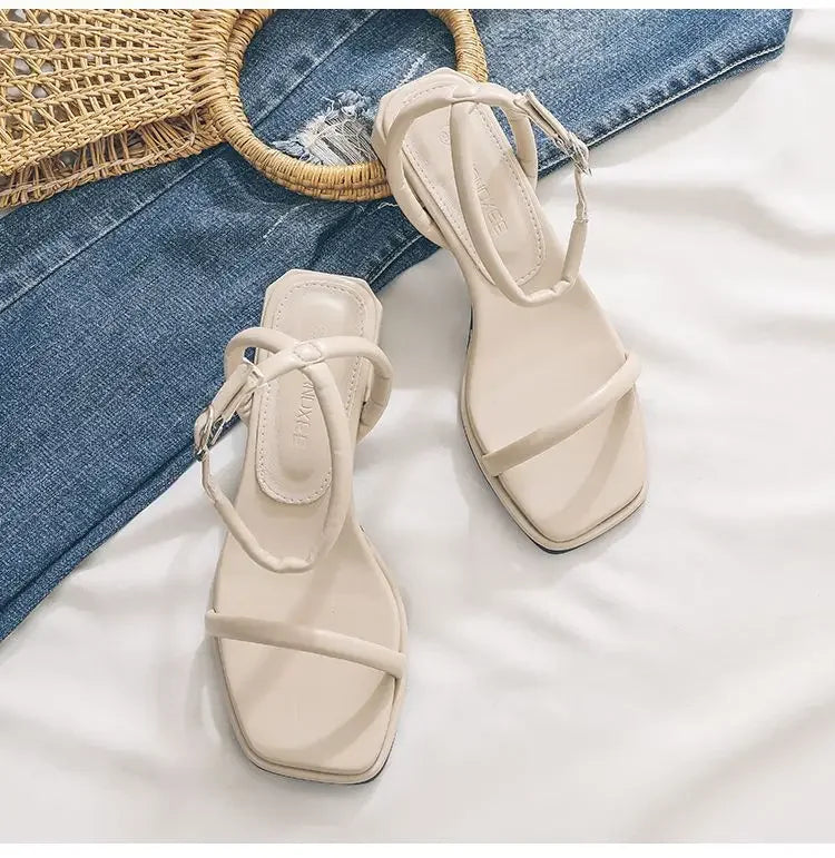 Women Buckle Mid-Calf Strap Med Block Heels Luxury Peep Girls Beige Medium Chunky Sandals