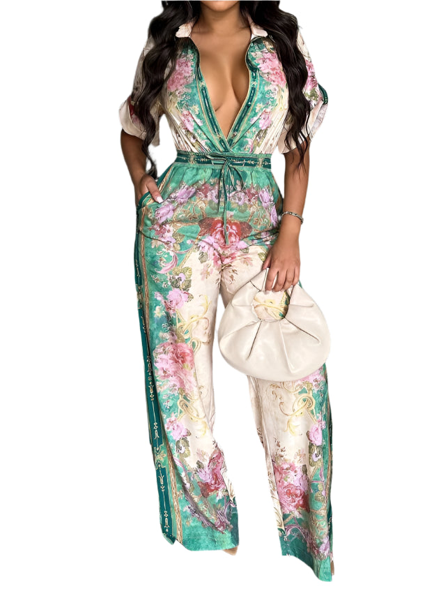 Women Floral Printed Vintage Style Wide Leg Jumpsuits Playsuit One Piece Suit Romper