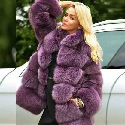 Women Faux Fox Fur Coats Turn Down Collar Thick Warm Elegant Jackets Streetwear