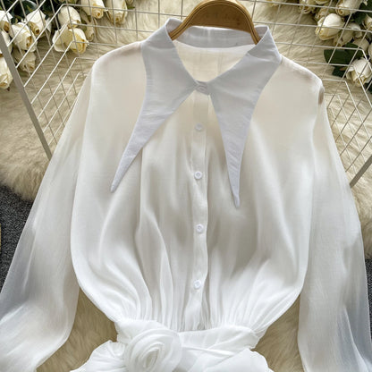 3D Floral Vintage Shirt Women Lapel Neck Long Sleeves Sheer Bohemian Organza Blouse