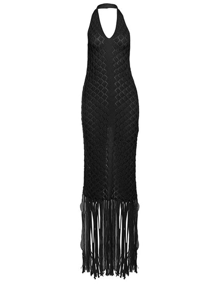 Sexy Deep V Neck Halter Tassel Women Knitted Long Bodycon Dress Maxi Dress