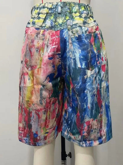 Women's Pockets Graffiti Shorts Hot Casual Summer Shorts Mid Waist Short