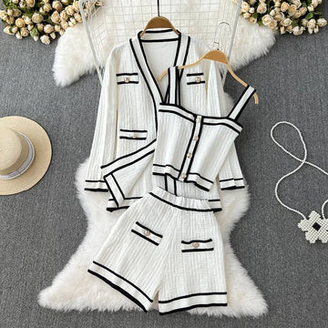 Women Three Piece Set V-neck Long Sleeve Buttons Up Cardigan + Shorts Set