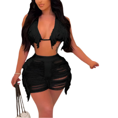 Women Fringe Tassel Bikini Shorts Set Hollow Out Jamaican Crochet Swimwear Summer Beach Knitted Cover Up Swimsuit