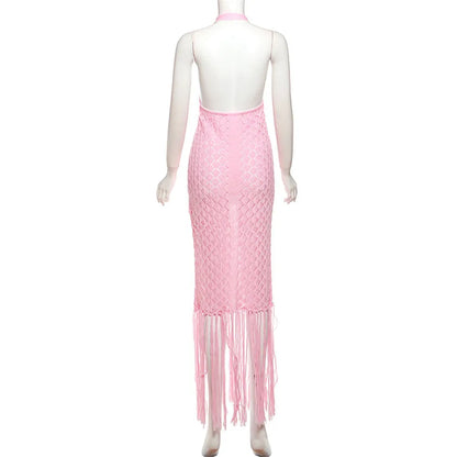 Sexy Deep V Neck Halter Tassel Women Knitted Long Bodycon Dress Maxi Dress