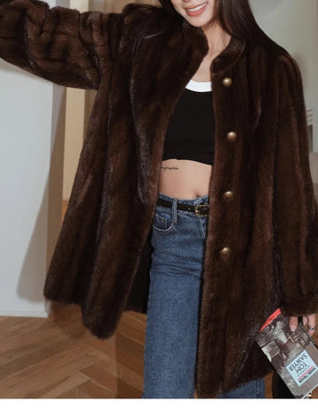 Brown Thick Warm Soft Faux Mink Fur Coat For Women Fluffy Jacket