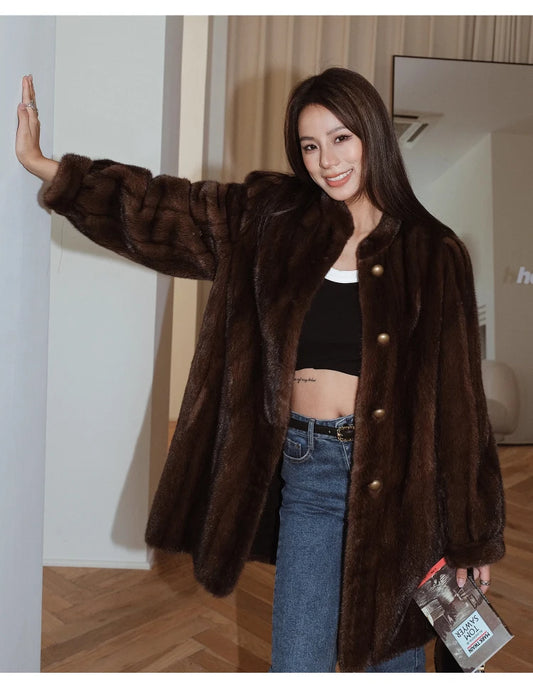 Brown Thick Warm Soft Faux Mink Fur Coat Women Puff Sleeve Stand Collar Fluffy Jacket