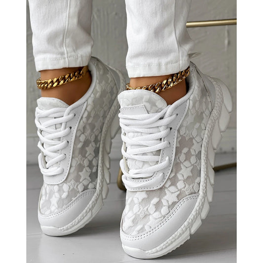 Women Star Pattern Lace-up Breathable Sneakers Daily Casual Round Toe White Sports Shoes Running Shoes