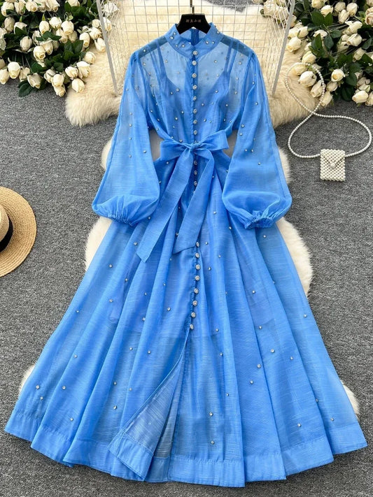 Elegant Lantern Sleeves Vintage Stand Collar Chic Single Breasted Rhinestone Bandage Slim High Street Long Dresses