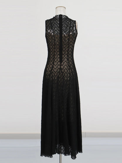 Solid Spliced Appliques Loose Maxi Dress For Women O Neck Sleeveless High Waist Dress