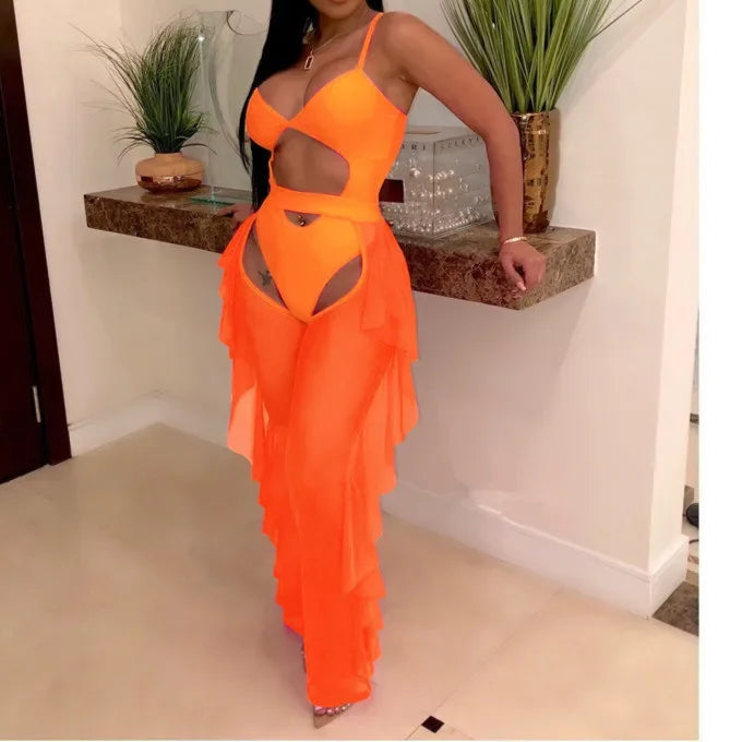 Hollow Out 2 Pieces Set for Woman Mesh See Through Bodysuit Top and Ruffles Pants Swimsuit Outfit