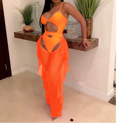 Hollow Out 2 Pieces Set for Woman Mesh See Through Bodysuit Top and Ruffles Pants Swimsuit Outfit