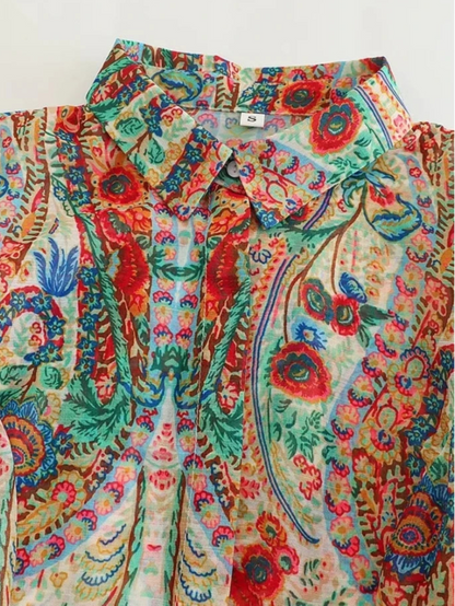 Women Vintage Totem Flower Print Pleated Puff Sleeve Blouse Breasted Shirt