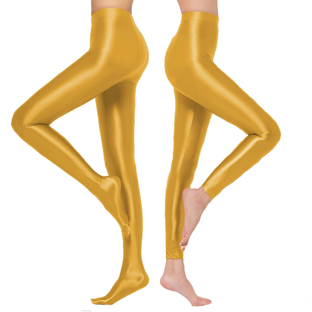 Womens Satin Glossy Sexy Opaque Pants Shiny Oil Wet look Tights Leggings M-3XL