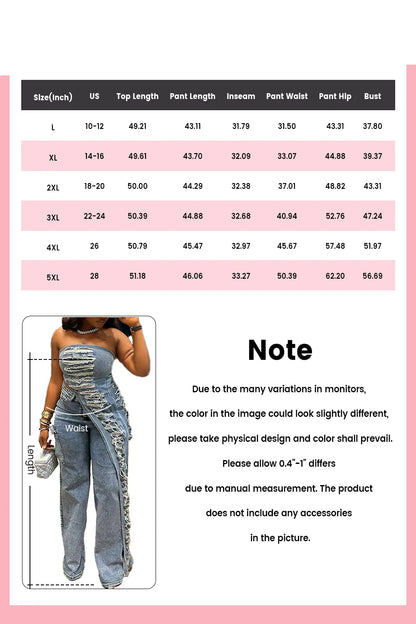 Plus Size Party Blue Asymmetric Hem Distressed Denim Two Piece Pant Sets
